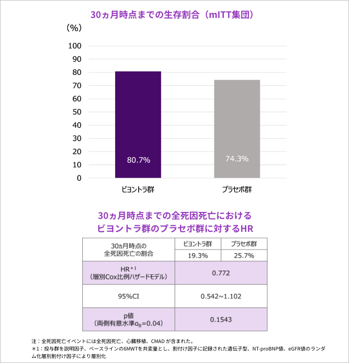 30ヵ月時点までの生存割合（mITT集団）／30ヵ月時 点までの全死因死亡におけるビヨントラ群のプラセボ群 に対するHR