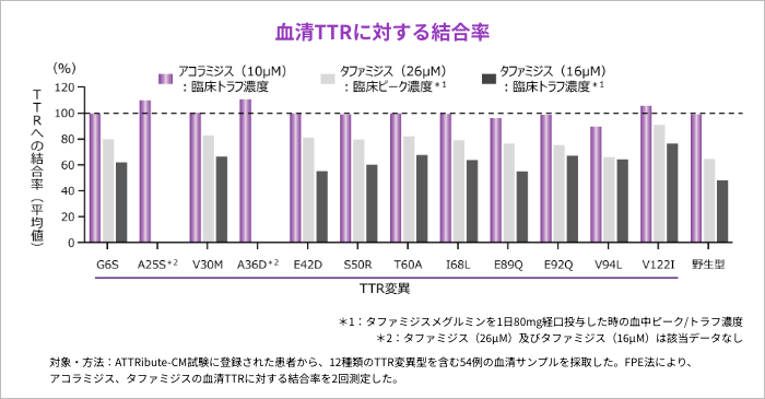 血清TTRに対する結合率 対象・方法︓ATTRibute-CM 試験に登録された患者から、12種類のTTR変異型を含 む54例の血清サンプルを採取した。FPE法により、アコ ラミジス、タファミジスの血清TTRに対する結合率を2 回測定した。