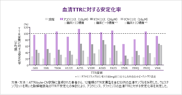 血清TTRに対する安定化率 対象・方法:ATTRibute-CM試験に登録された患者から、12種類のTTR変異型を含む53例の血清サンプルを採取した。ウェスタンブロットを用いた酸解離誘発のTTR不安定化の検討により、アコラミジス、タファミジスの血清TTRに対する安定化率を測定した。